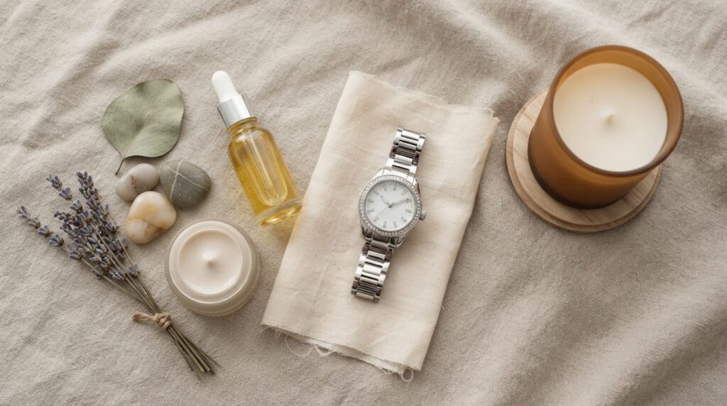 Overhead flat lay of a luxury womens gemstone watch on neut