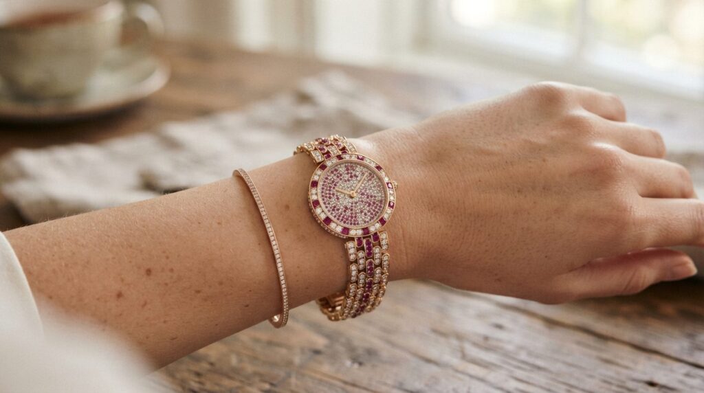 Close-up detail shot of gemstone watch face and band on woma