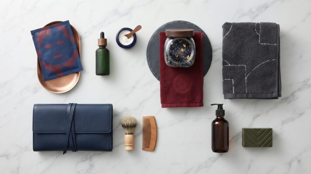 Flat lay product photography of premium self-care gift items