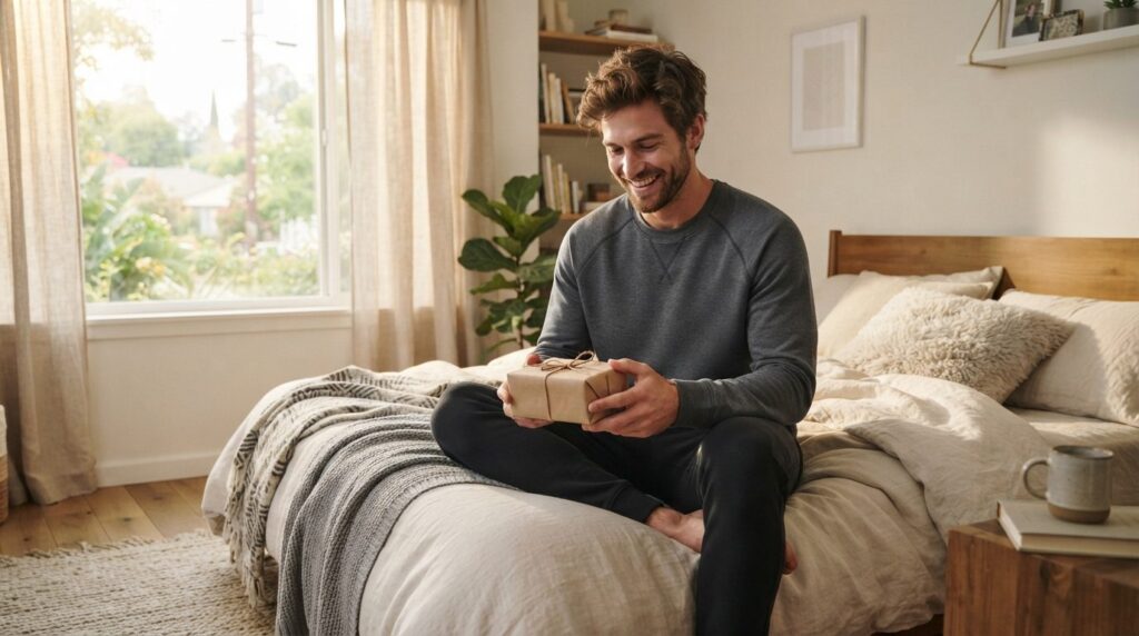 Candid lifestyle shot of a young adult male in casual relaxa