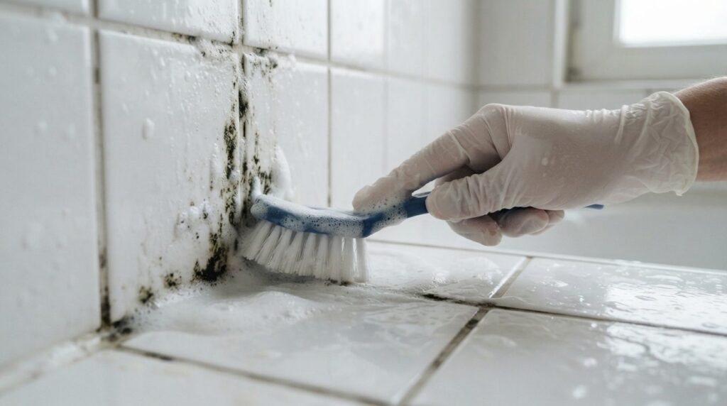 Close-up detailed shot of a white bathroom tile surface with