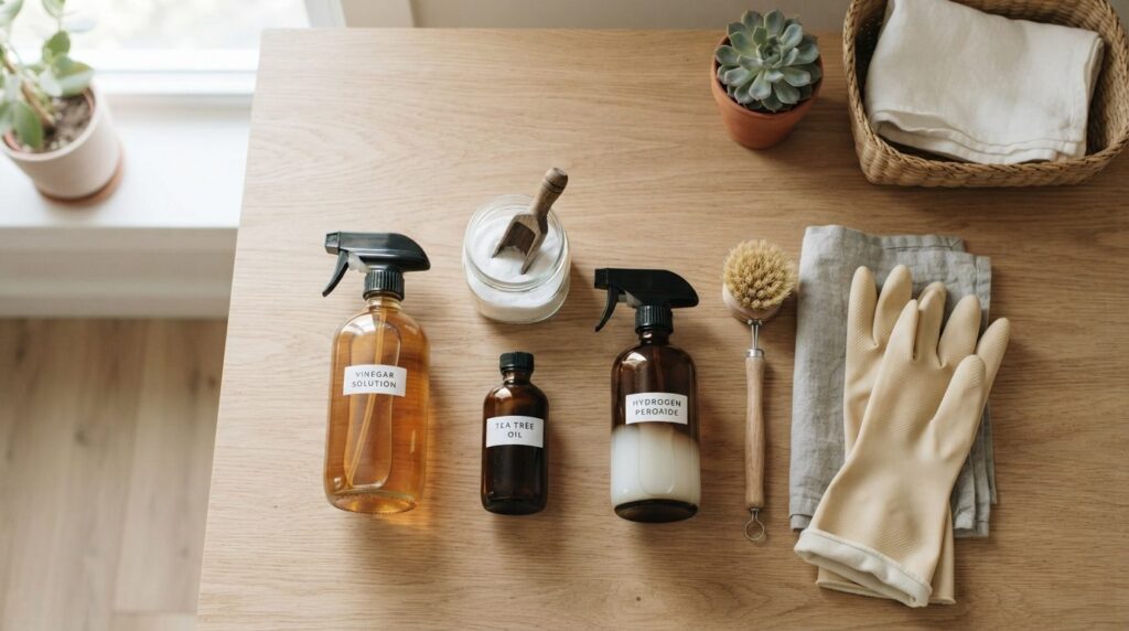 Flat-lay composition of various mold removal solutions arran