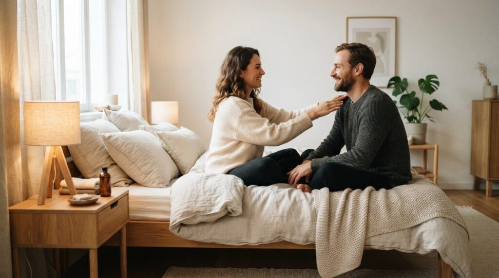 A couple sitting face-to-face on a comfortable bed in a peac