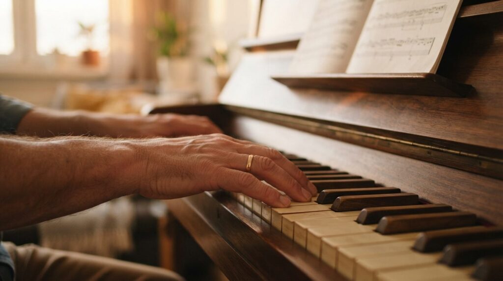 Close-up shot of mature hands on piano keys with sheet music