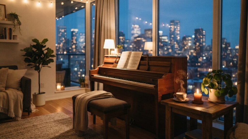 Tranquil home studio setup with elegant wooden piano, comfor