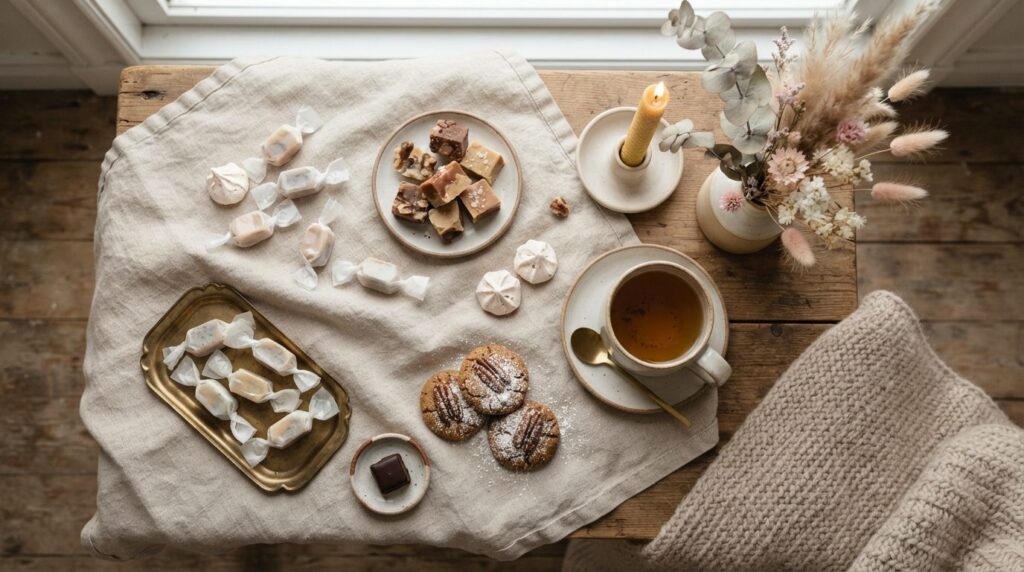 Flat lay lifestyle composition featuring an assortment of fr