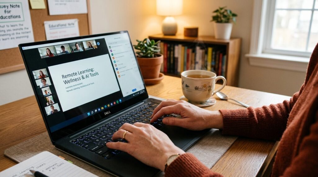 Photorealistic close-up of hands typing on a laptop keyboard