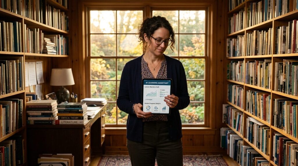 Photorealistic image of an educator standing in front of a w