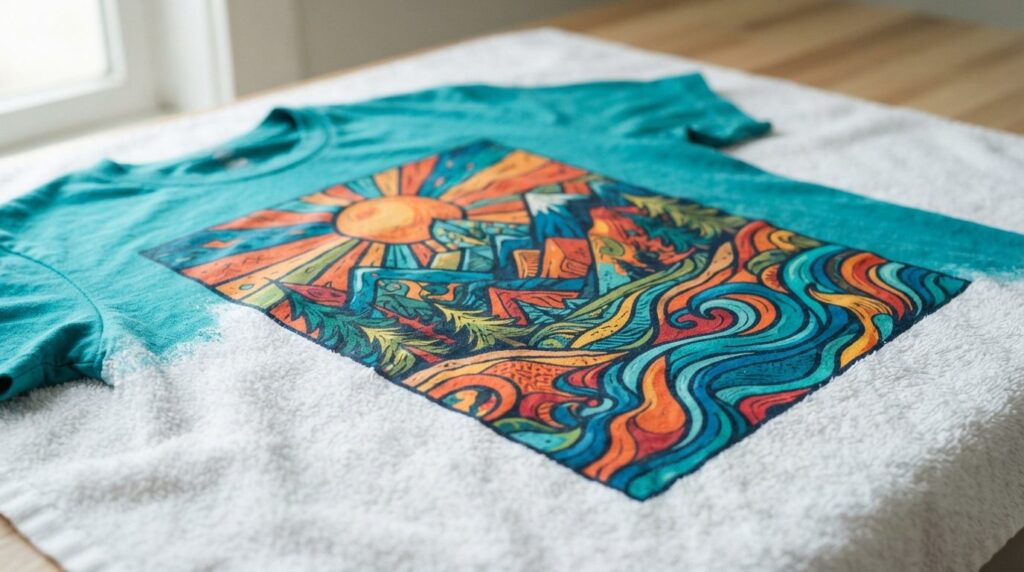 Close-up detail shot of a colorful graphic printed t-shirt l