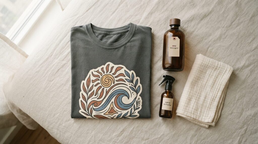 Flat lay overhead view of a folded graphic streetwear t-shir